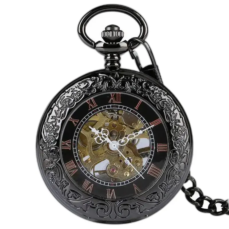 Orologio da tasca meccanico chic in vetro trasparente con elegante movimento meccanico nero