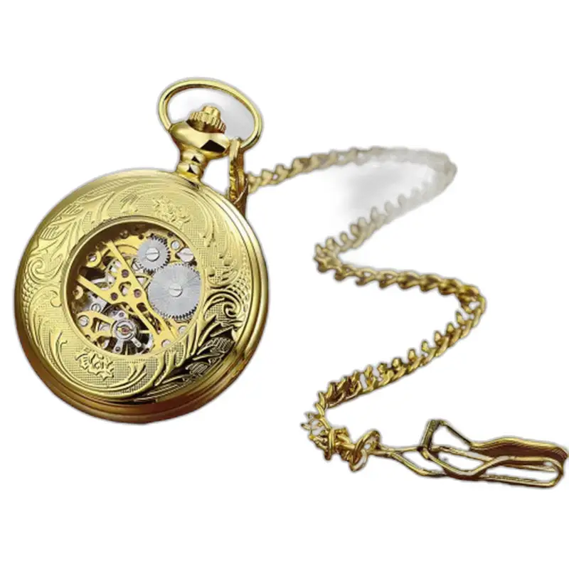 Moderno orologio da tasca meccanico in oro con elegante catena
