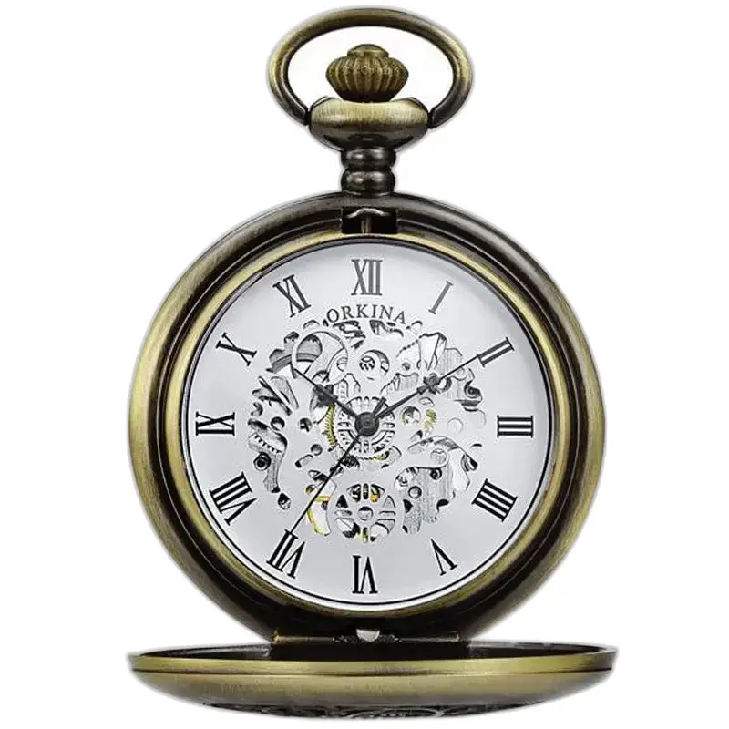Moderno orologio da tasca meccanico con ingranaggi a vista e stile antico