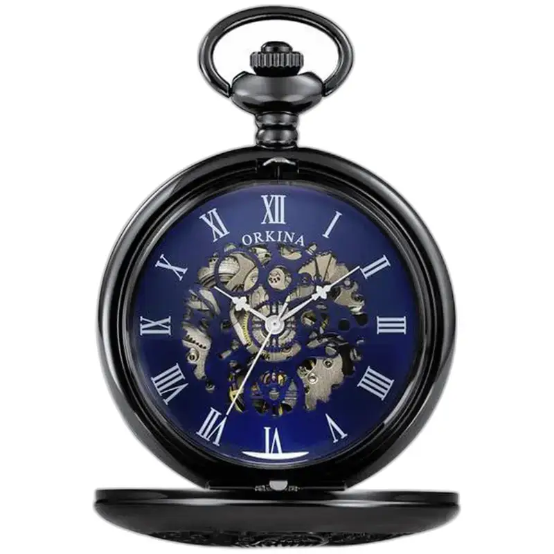 Orologio da tasca meccanico moderno ed elegante con un elegante design scheletrato nero
