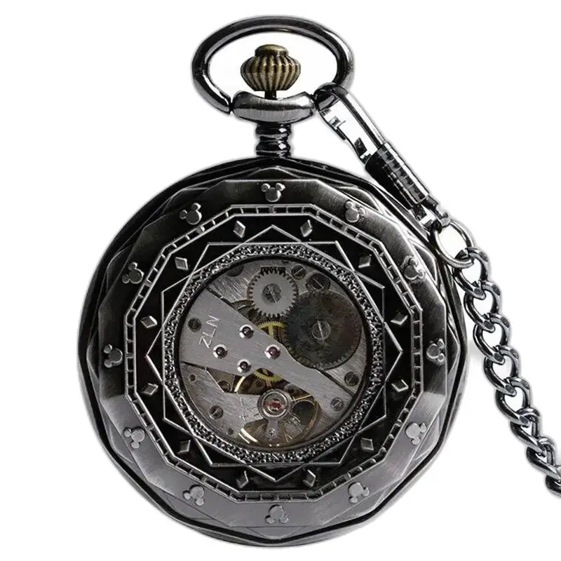Orologio da tasca in metallo nero con movimento meccanico e catenelle a vista