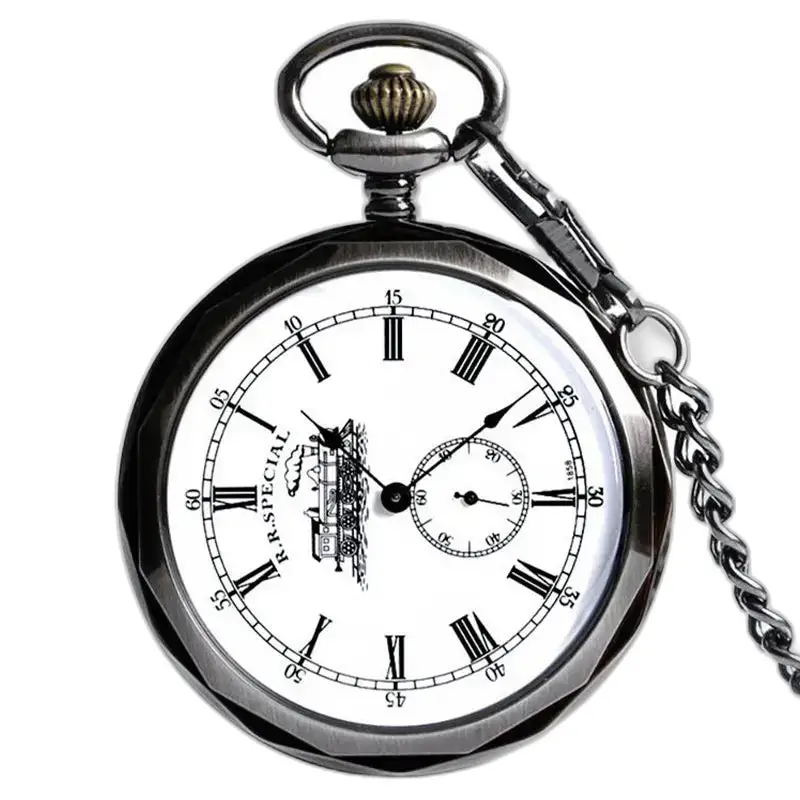 Orologio da tasca in metallo argentato con catena e movimento meccanico vintage