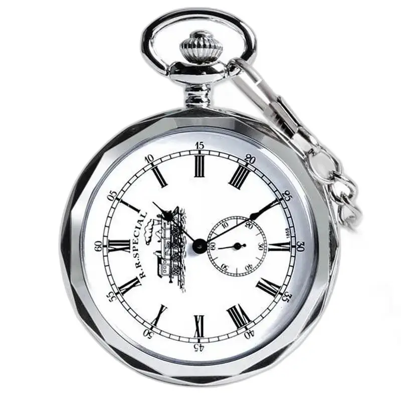 Orologio da tasca in argento con catena, movimento meccanico vintage per uomo e donna
