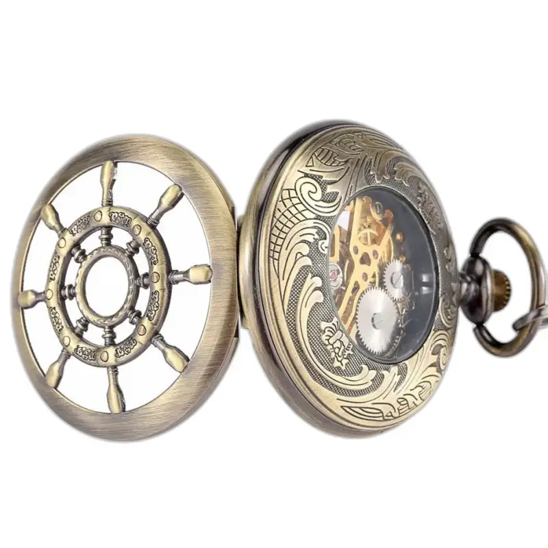 Orologio da tasca in bronzo con tema nautico e carica manuale vintage