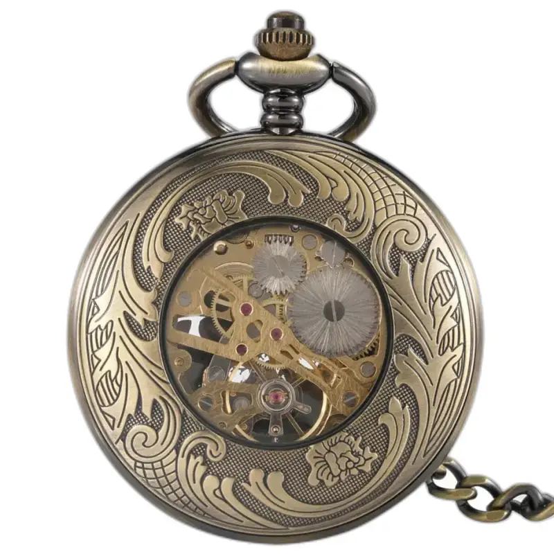 Orologio da tasca decorato in bronzo, modello da navigazione meccanico a carica manuale vintage
