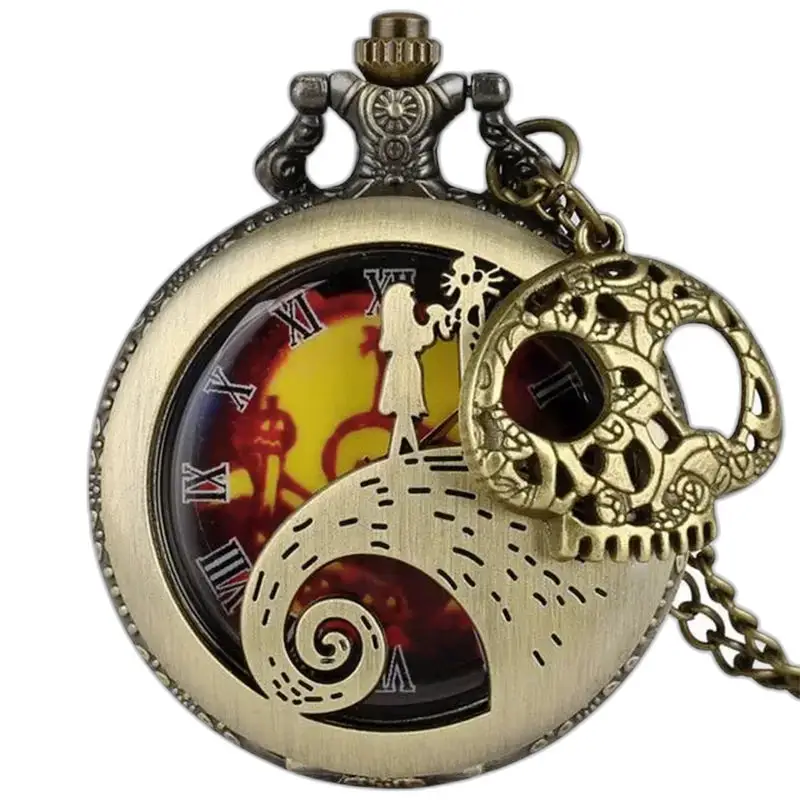 Orologio da tasca Nightmare Before Christmas con design in bronzo e ciondolo a forma di teschio