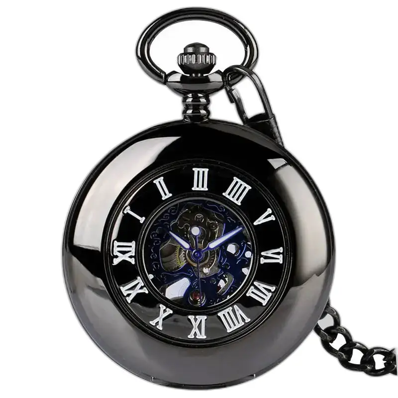 Orologio da tasca nero moderno ed elegante con eleganti numeri romani e design raffinato