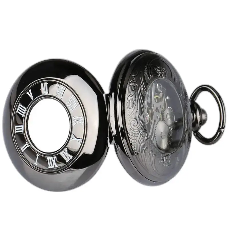 Orologio da tasca nero moderno ed elegante con coperchio aperto e design elegante