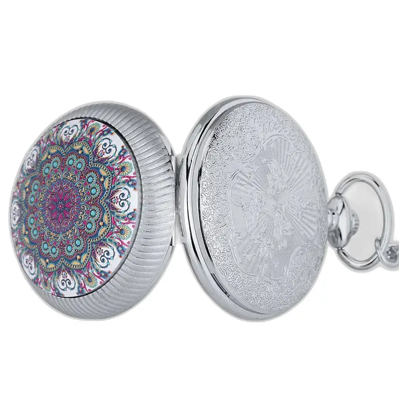 Montre à Gousset Argent Fleurs avec design de mandala élégant