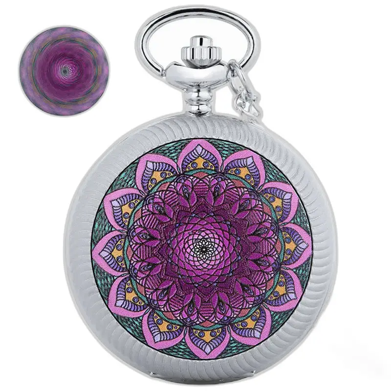 Orologio da tasca a fiore in argento con design mandala elegante e raffinato