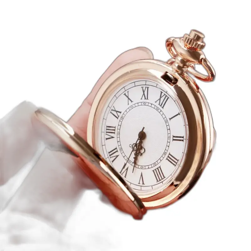 Orologio da tasca in oro con numeri romani e specchio al quarzo rosa