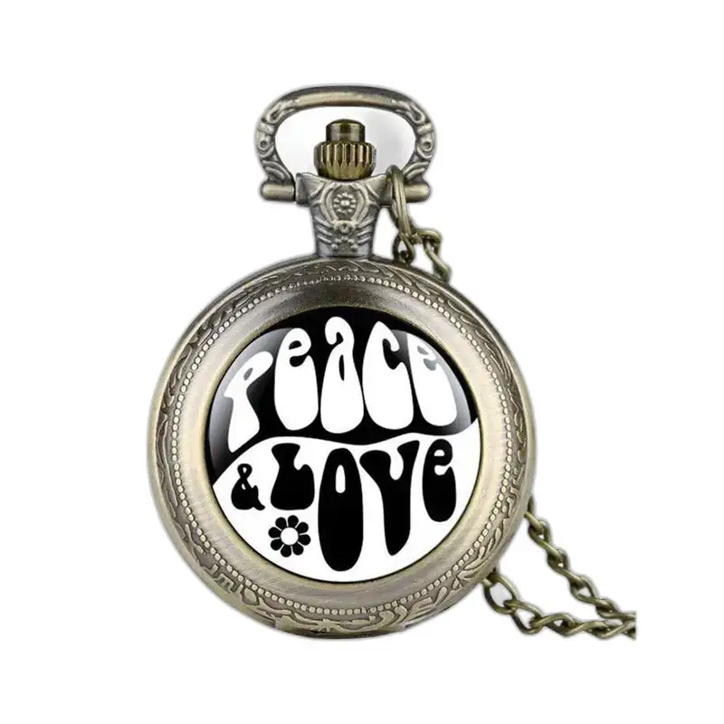 Orologio da tasca vintage Peace & Love con catena lunga e design artistico