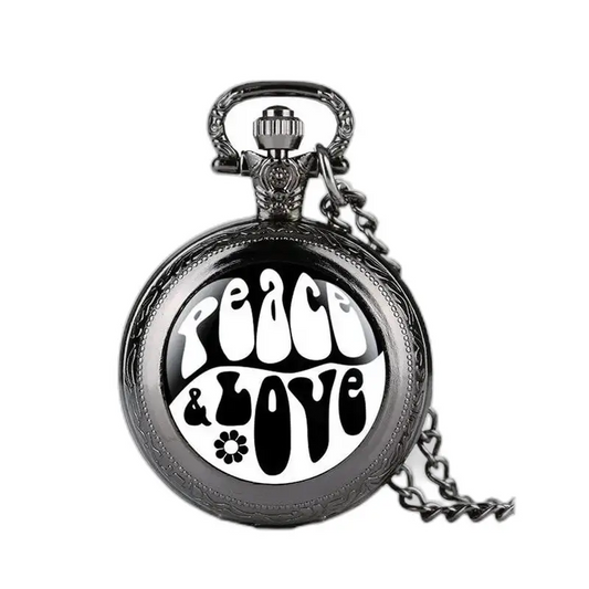 Orologio da tasca nero con design Peace & Love ed elegante catena lunga