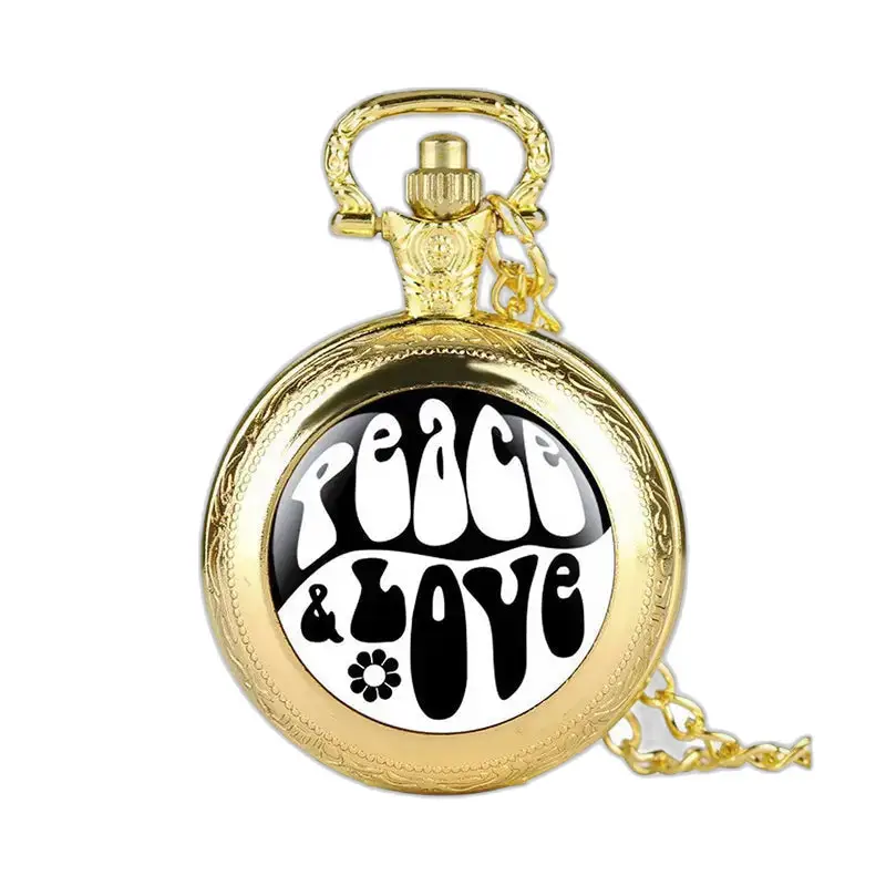 Orologio da tasca in oro con design Peace & Love ed elegante catena lunga