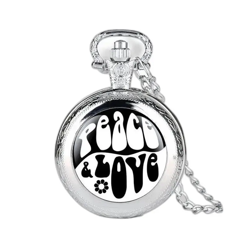 Orologio da tasca in argento con design Peace & Love ed elegante catena lunga