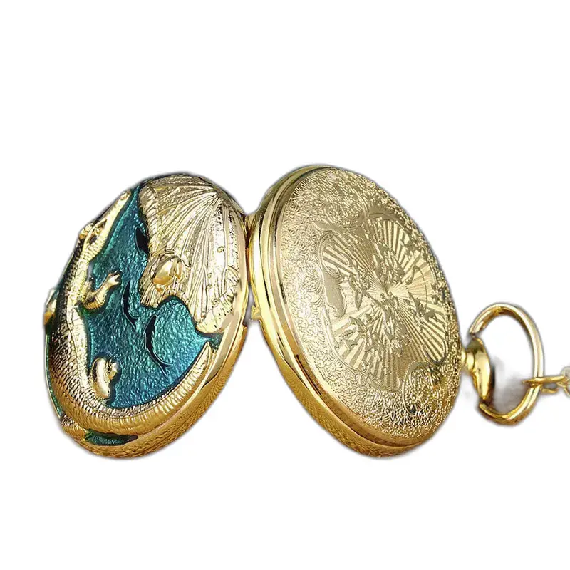 Orologio da tasca Poisson Bleu con perla bianca e design a drago dorato aperto