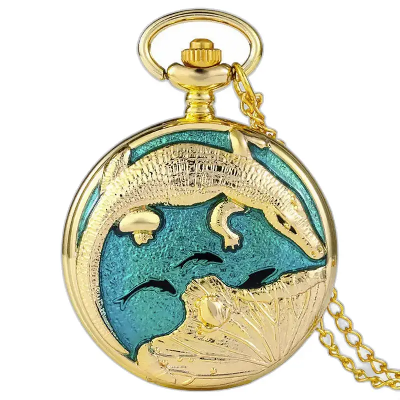Orologio da tasca Poisson Bleu con perla bianca e design coccodrillo dorato