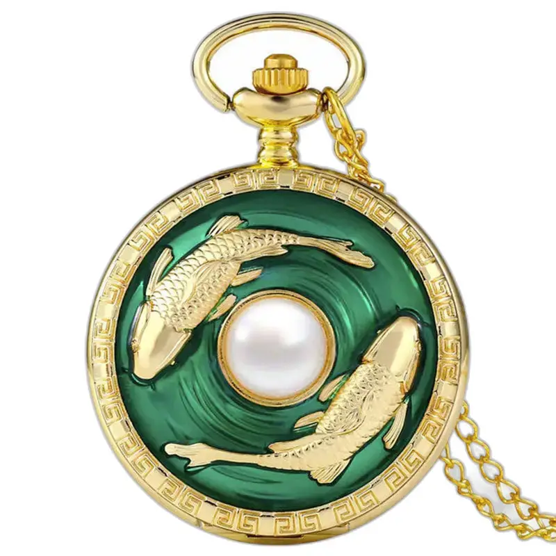 Orologio da tasca Blue Fish con perla bianca in oro e verde, motivo koi