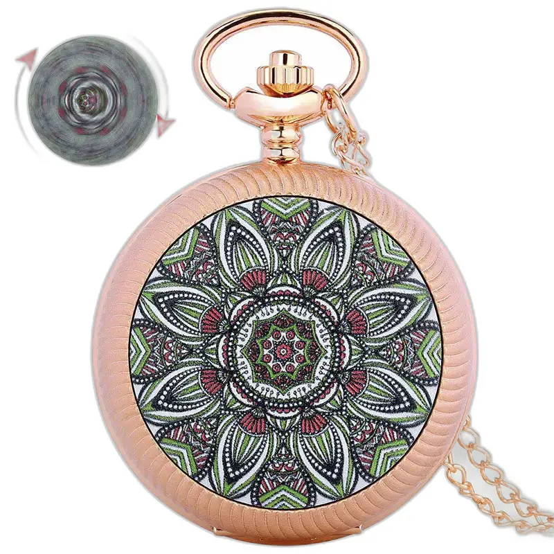 Orologio da tasca di lusso al quarzo in oro rosa con design mandala e pietre di smeraldo