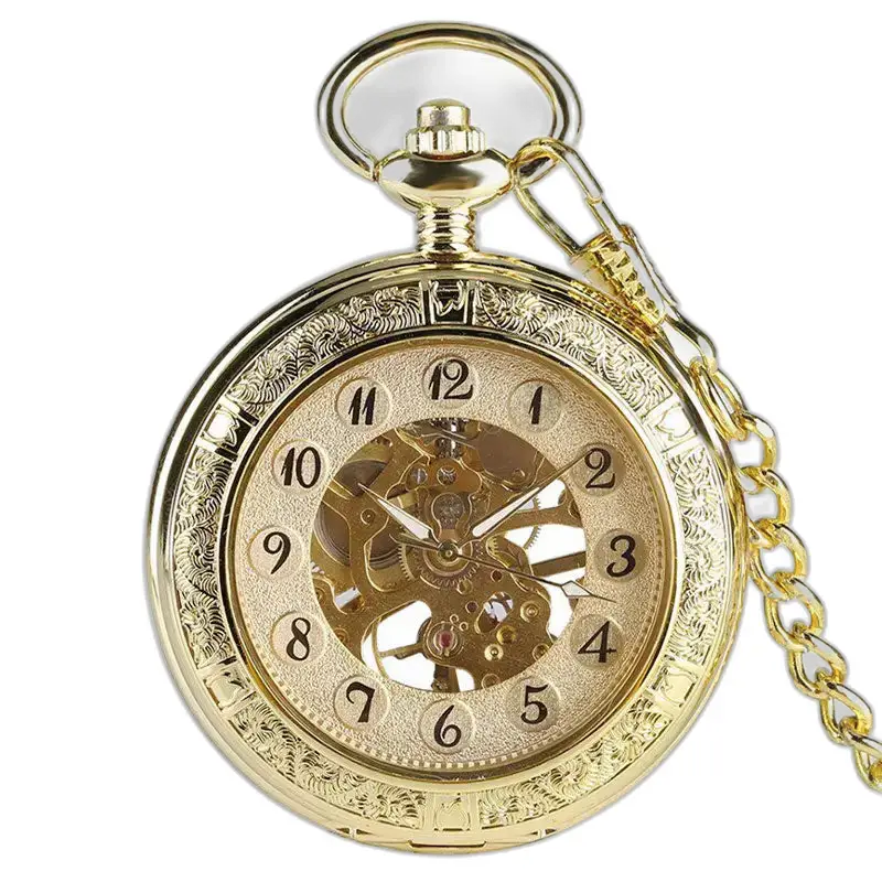 Orologio da tasca meccanico in oro di lusso reale con ingranaggi e catena a vista