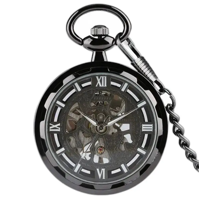 Elegante orologio da tasca meccanico scheletrato con catena ed elegante design nero