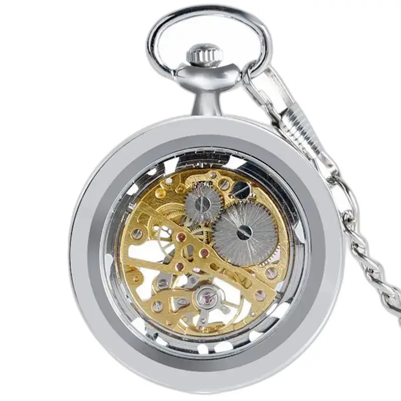 Orologio da tasca meccanico scheletrato in argento con dettagli intricati ed eleganti