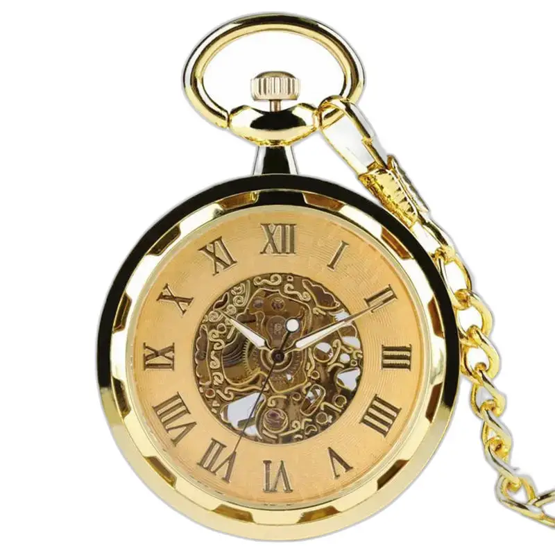 Orologio da tasca in acciaio dorato con catena, orologio da tasca meccanico scheletrato da uomo di lusso