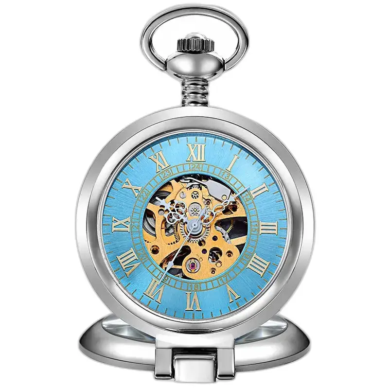 Montre à Gousset Squelette Mécanique Luxe Or avec un cadran bleu et finition argentée