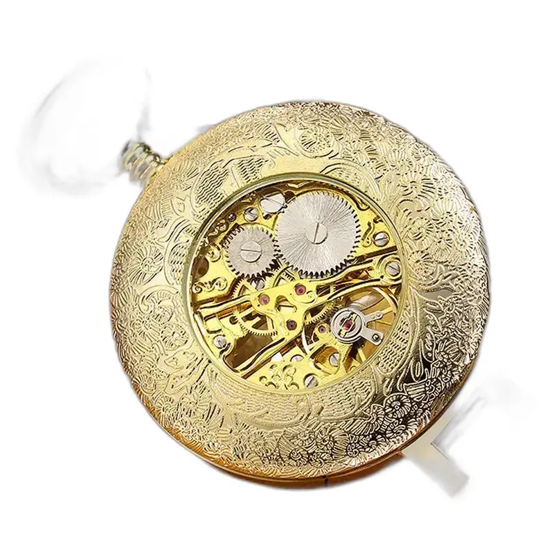 Orologio da tasca meccanico scheletrato in oro di lusso, antico orologio da tasca scheletrato con meccanismo in oro