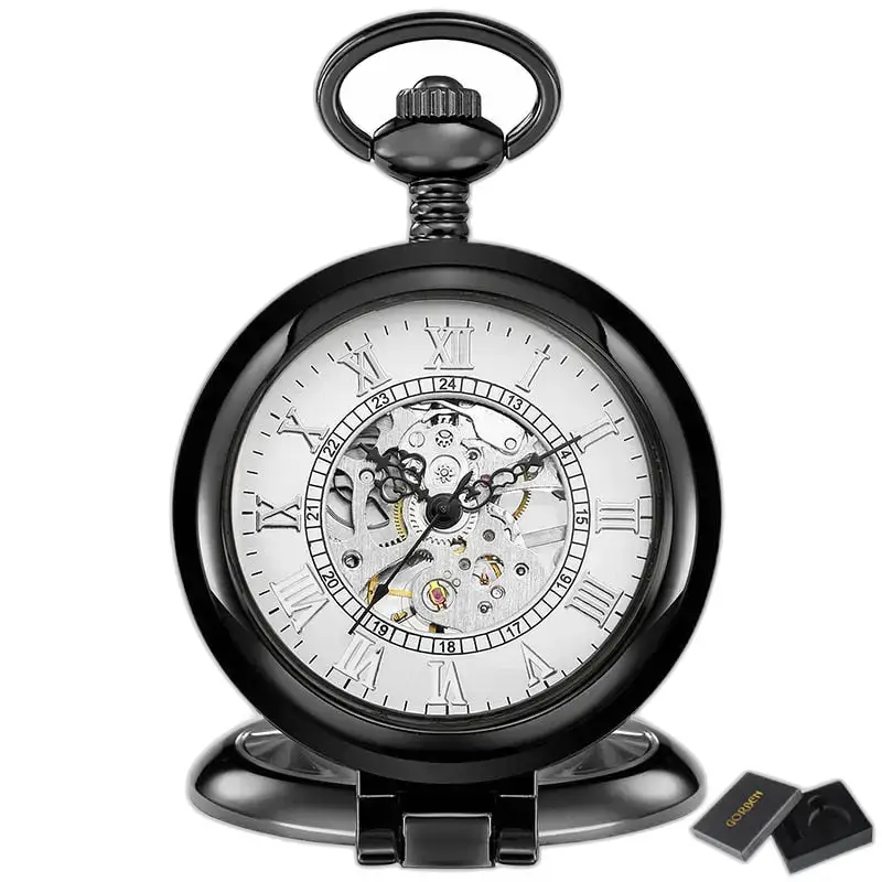 Orologio da tasca meccanico scheletrato in oro di lusso, elegante tasca anticata scheletrata nera