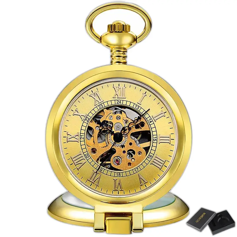 Orologio da tasca scheletrato meccanico in oro di lusso, elegante tasca scheletrata in oro antico