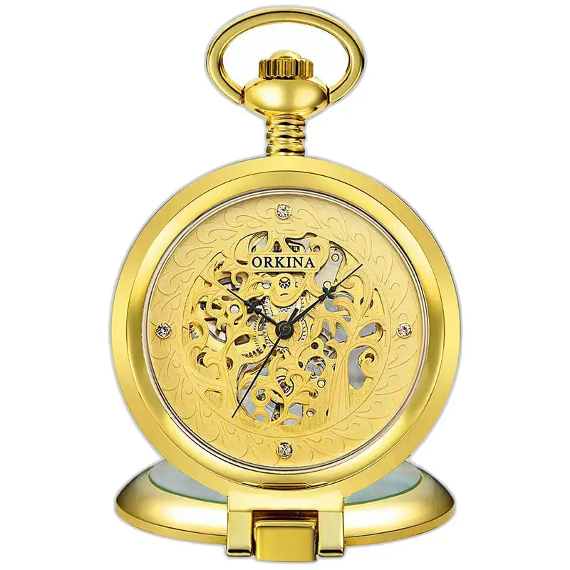 Orologio da tasca scheletrato meccanico in oro di lusso, tasca scheletrata in oro antico