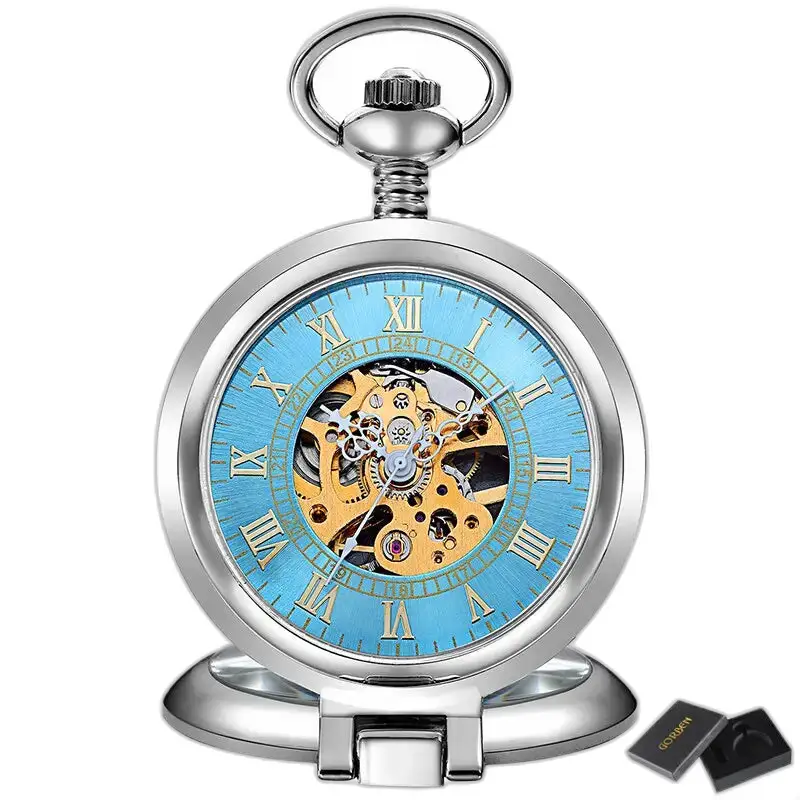 Orologio da tasca meccanico scheletrato in oro di lusso con quadrante blu e design antico