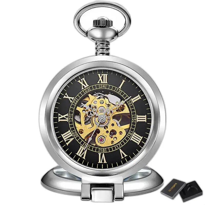 Orologio da tasca scheletrato meccanico in oro di lusso, tasca scheletrata in argento antico