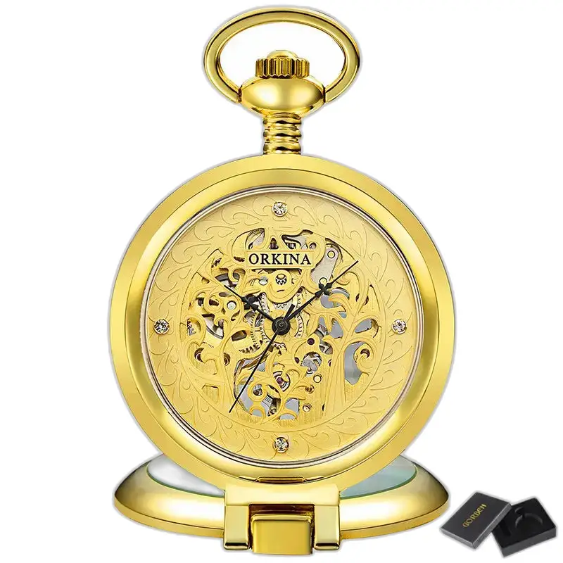 Orologio da tasca meccanico scheletrato in oro di lusso, tasca scheletrata in oro antico e decorata