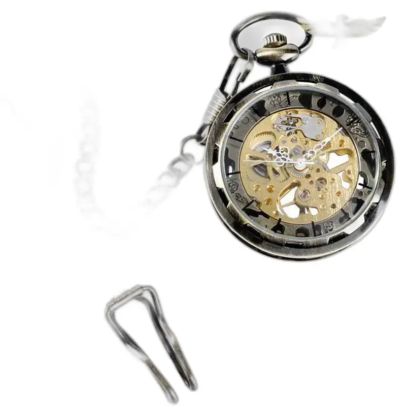 Orologio da tasca moderno scheletrato con catena e movimento meccanico per uomo e donna