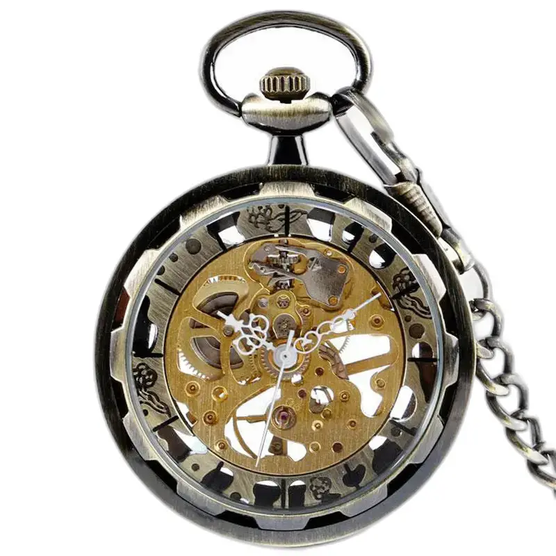 Moderno orologio da tasca scheletrato con catena ed elegante movimento meccanico