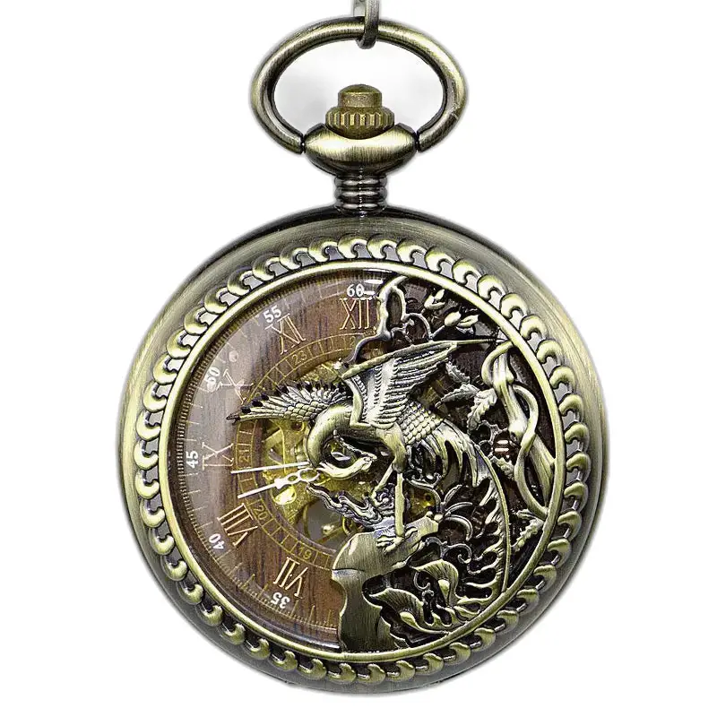 Orologio da tasca Phoenix Skeleton in acciaio inossidabile con design in bronzo ornato