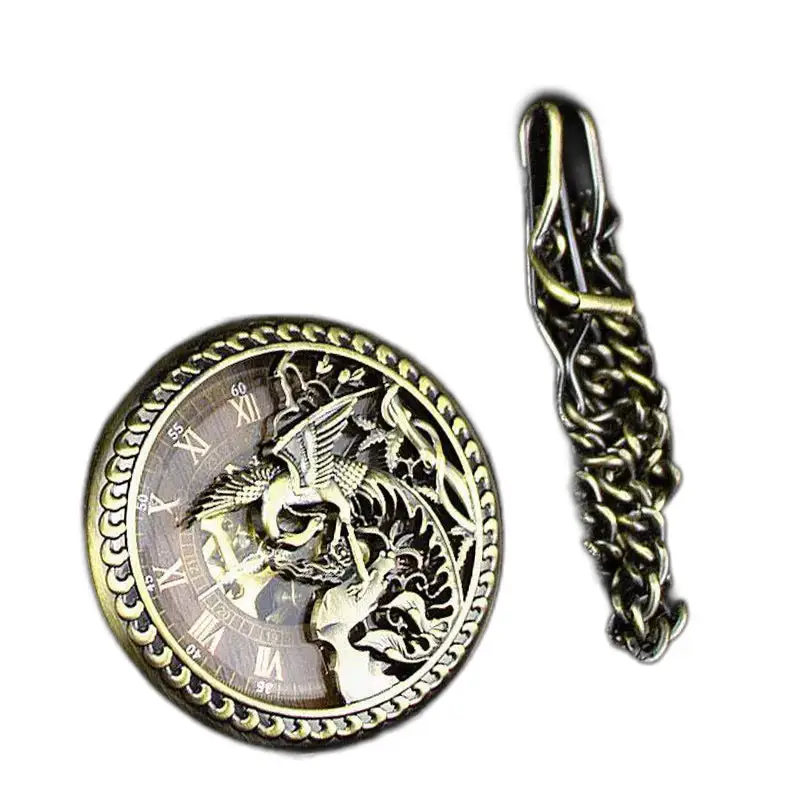 Orologio da tasca Phoenix scheletrato in acciaio inossidabile con catena in bronzo decorato
