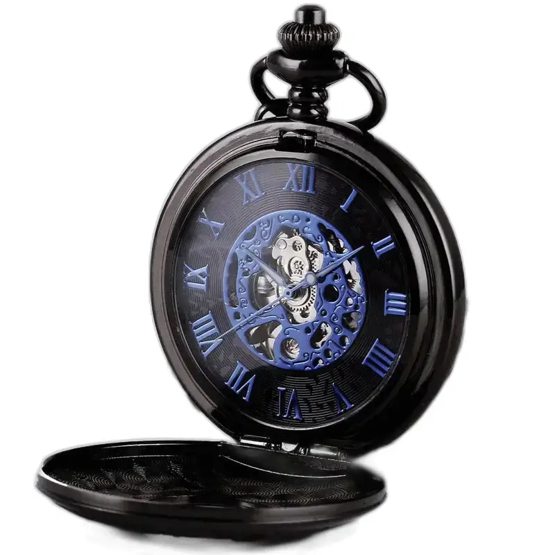 Orologio da tasca Steampunk Double Demi Hunter Chic con numeri romani blu