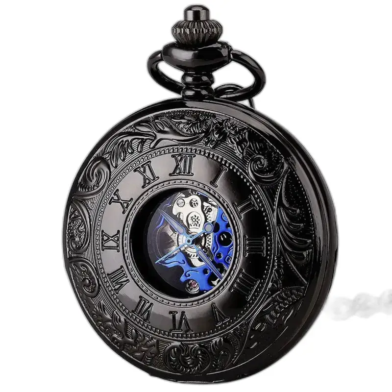 Orologio da tasca Steampunk Double Demi Chasseur Chic con un design nero ornato