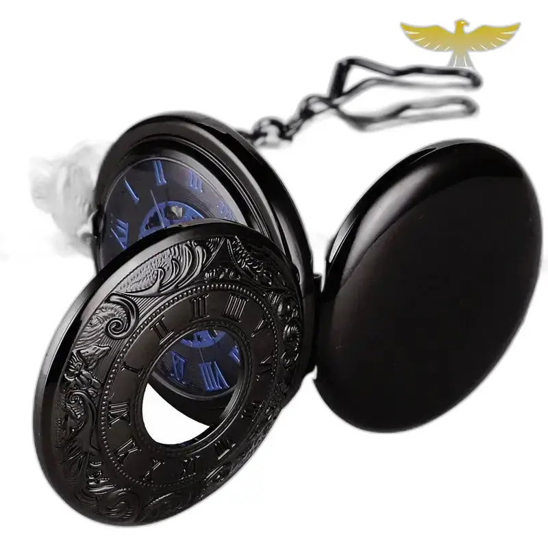 Orologio da tasca Steampunk Double Demi Chasseur Chic con elegante catena nera