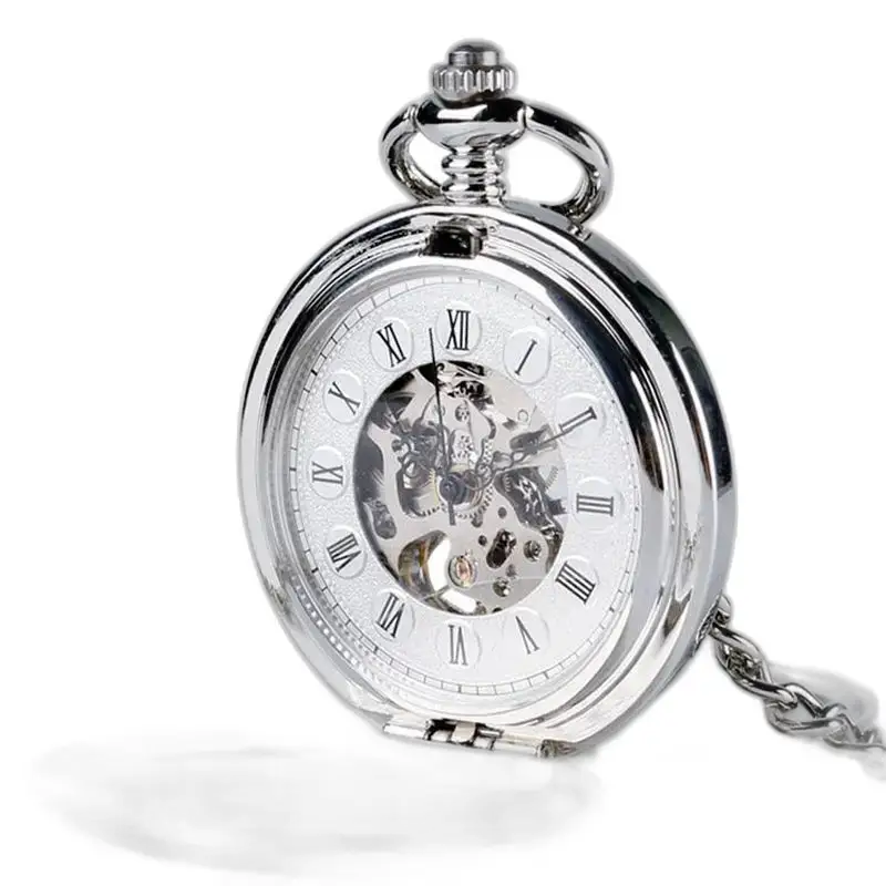 Orologio da tasca in argento con meccanismo a vista, stile chic a doppia patta da uomo