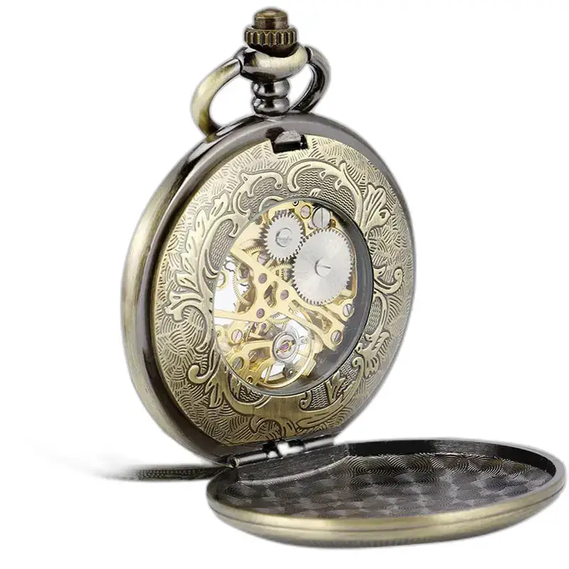 Orologio da tasca in stile Demi Chasseur con meccanismo in bronzo decorato a vista