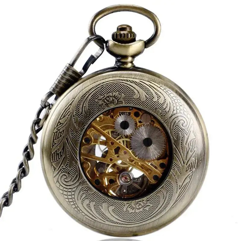 Orologio da tasca in bronzo decorato in stile vintage con meccanismo a vista