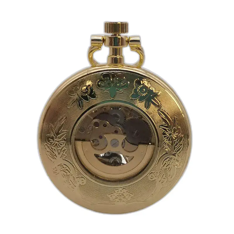 Orologio da tasca vintage con quadrante aperto a carica automatica in oro con incisioni floreali