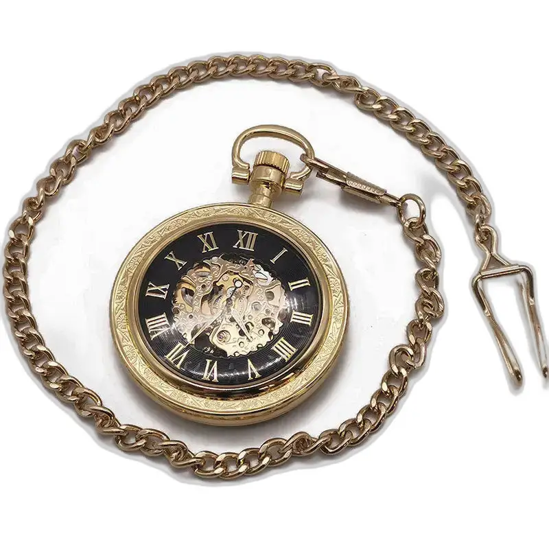 Orologio da tasca vintage in oro con catena e quadrante aperto, tasca meccanica