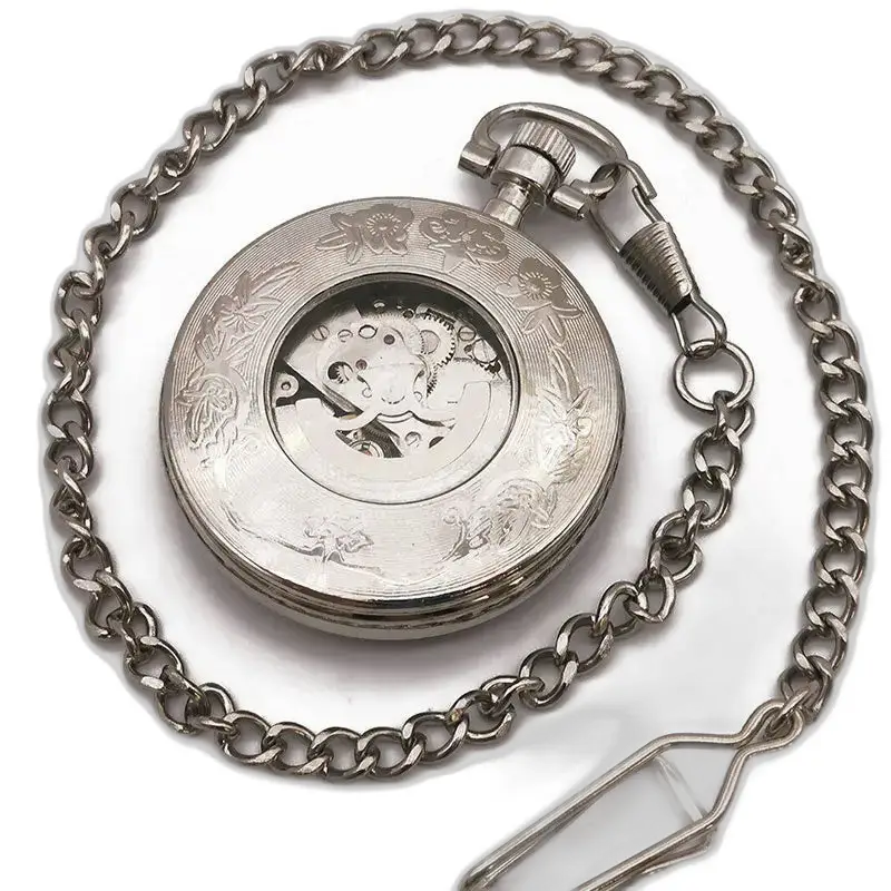 Orologio da tasca vintage in argento con quadrante aperto con catena, elegante tasca meccanica