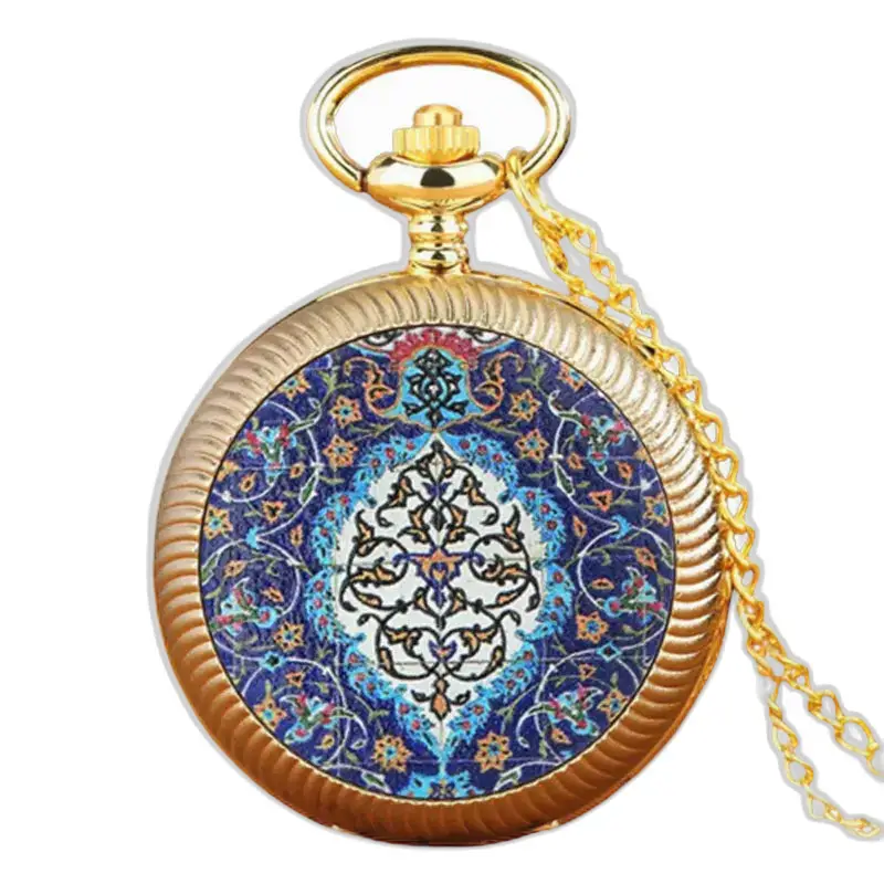 Orologio da tasca vintage a fiori rossi e dorati con disegno floreale blu e oro