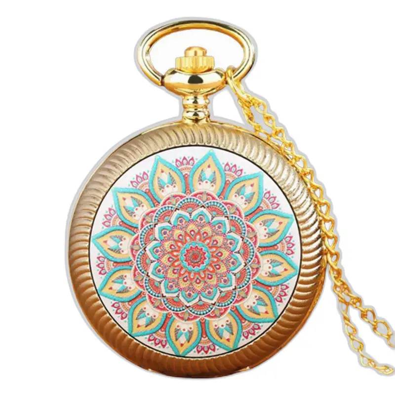 Orologio da tasca vintage a fiori rossi e dorati con design mandala dorato